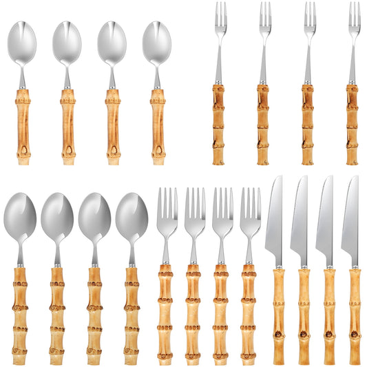 Retrok 20pcs Bamboo Silverware Set Stainless Steel Tableware Set Natural Bamboo Utensil Flatware Set Spoon Fork Bamboo Handle Cutlery Set for Kitchen Wedding Home Restaurant Party