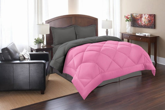 Reversible Down Alternative Comforter, Medium Weight Bedding for All Season Hypoallergenic-Full/Queen, Pink/Gray