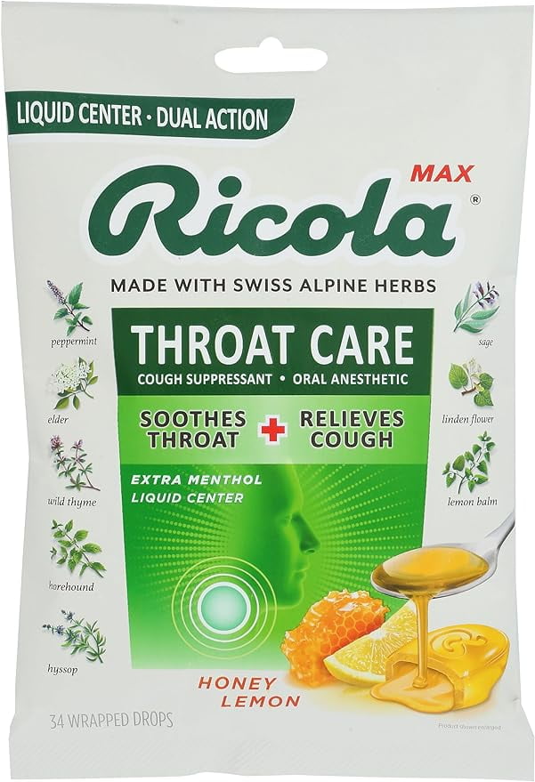 Ricola Throat Care Honey Lemon Cough Drops, Liquid Center, Dual Action, 34 Lozenges (Pack of 3)