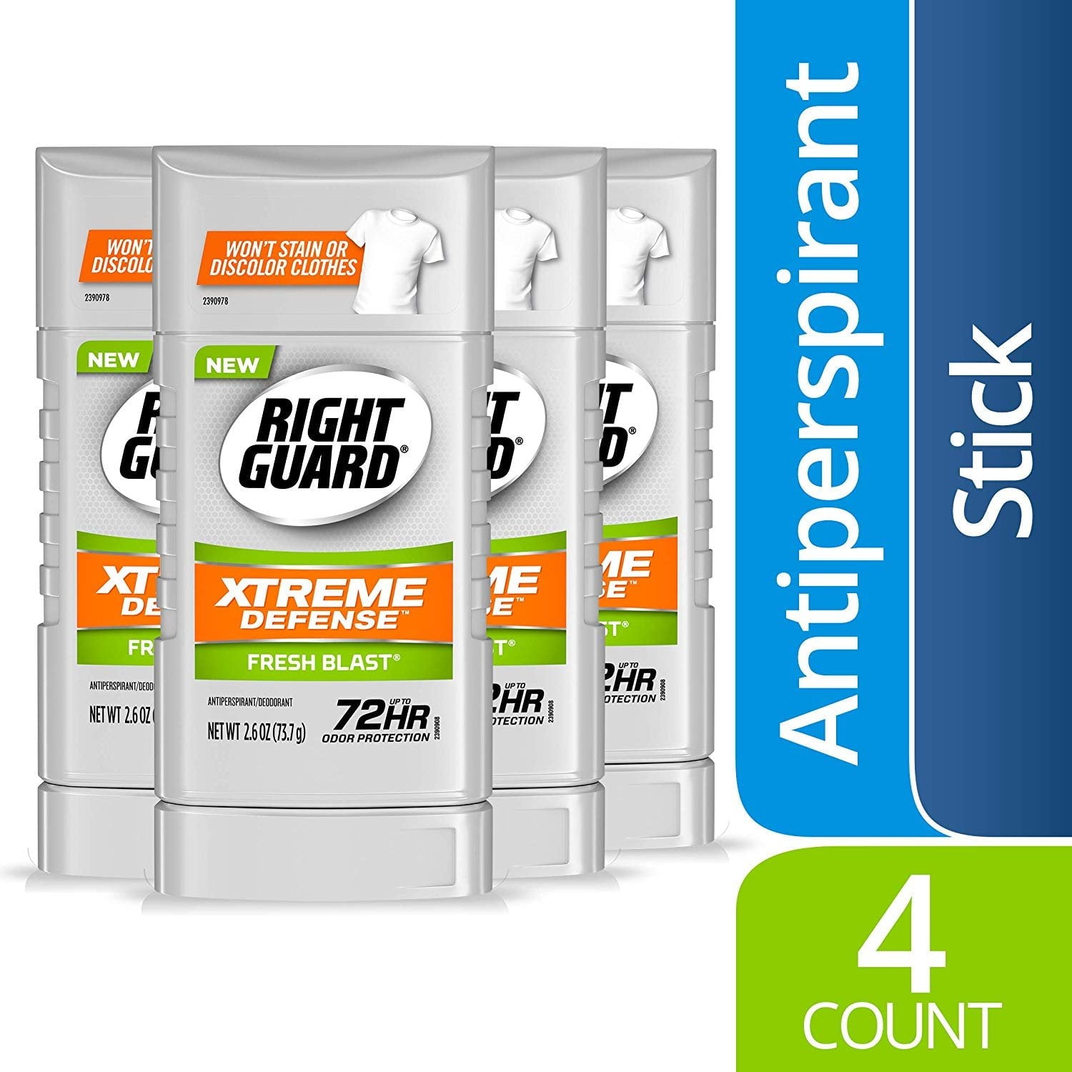 Right Guard Xtreme Defense Antiperspirant Deodorant Solid Stick, Fresh Blast, 2.6 Ounce (Pack of 4)