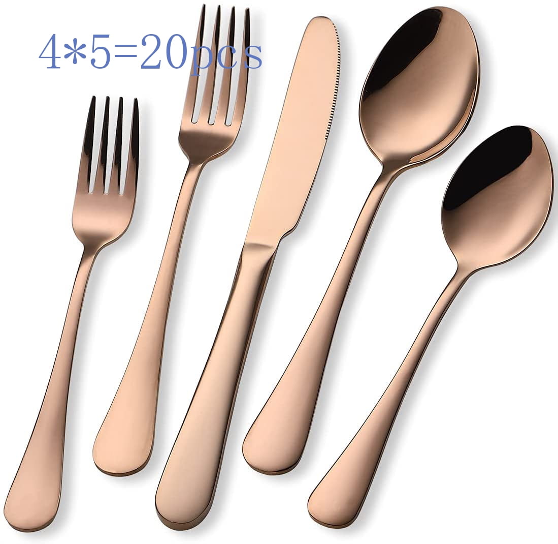 Rose Gold Silverware Set, 20 Piece Stainless Steel Flatware Cutlery Set for 4, Mirror Finish, Dishwasher Safe