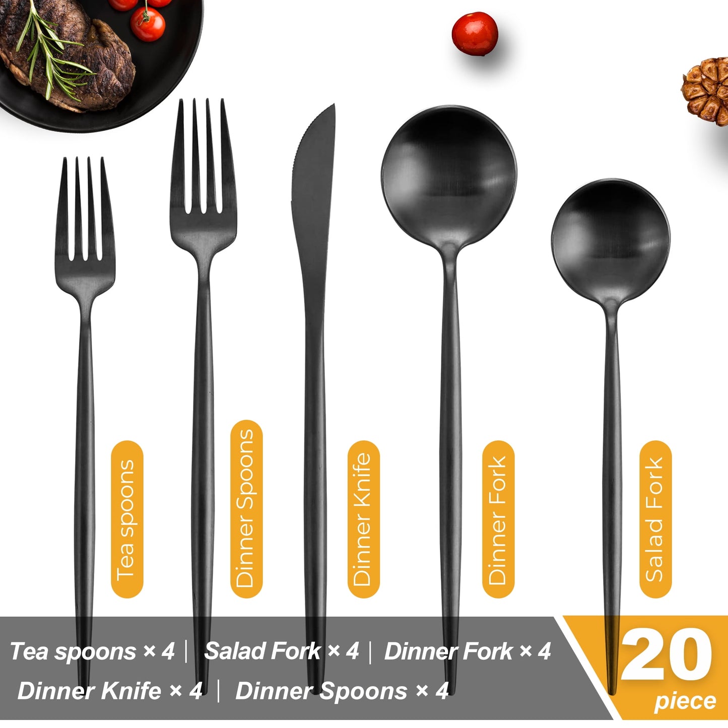 Runfly Matte Black Silverware, Satin Finish, Stainless Steel, Flatware Cutlery Set of 20 Pieces (4 each of knives, forks, spoons, teaspoons, and salad forks)