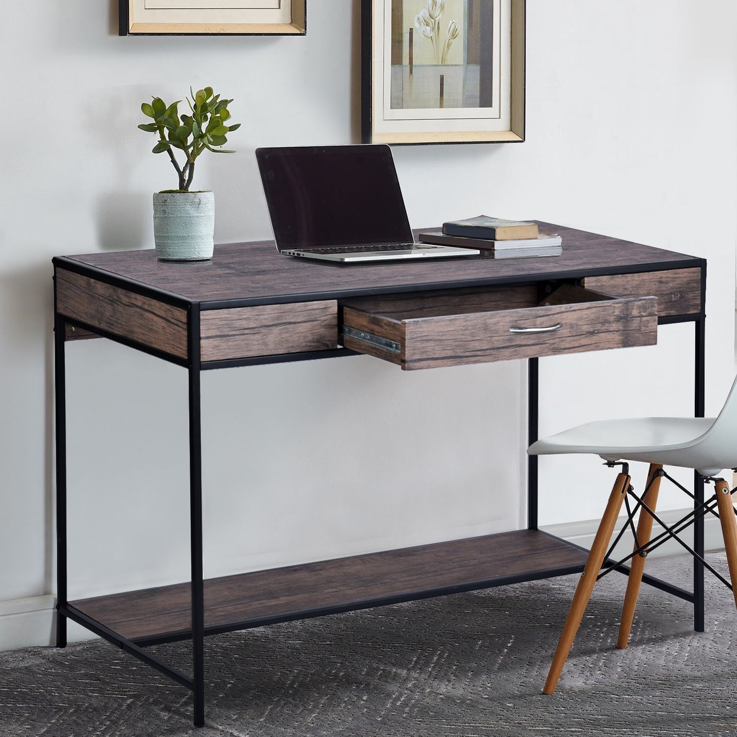 Rustic Computer Desk with Drawer and Industrial Style Metal Legs, Wood Look Laptop PC Table 48" Writing Desk Study Table Workstation for Home Office Storage Space Saver - Brown