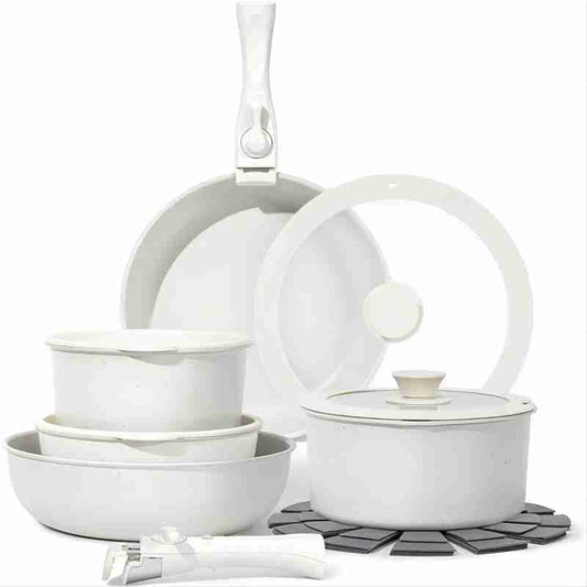 SADAY 15 PCS Pots and Pans Set, Nonstick Kitchen Cookware, Removable Handle, RV Nonstick Cookware Set, Oven Safe, PFAS & PFOA Free-White