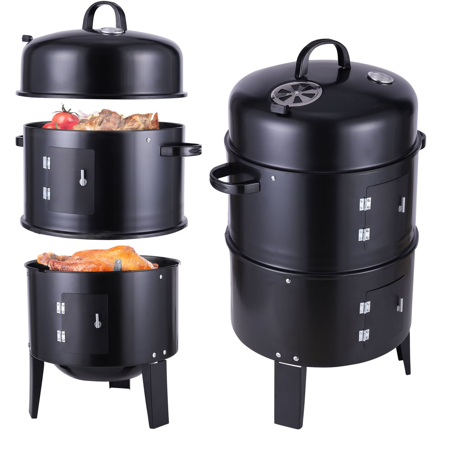 SAYFUT 3-in-1 Vertical Charcoal Smoker Grill 3-Tier Smoker Barbeque Grill Round BBQ Grill Suitable for Outdoor Backyard Cooking Camping Hiking Hunting Family Party