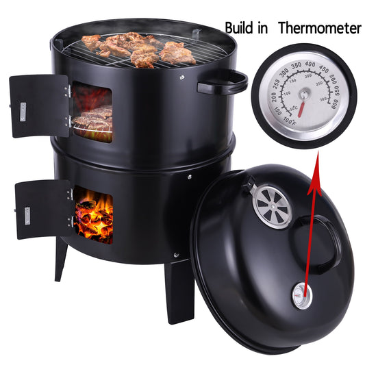 SAYFUT 3-in-1 Vertical Multi-Layer Steel Charcoal Smoker Heavy Duty Round BBQ Grill for Outdoor Cooking Charcoal Grill with Thermometer Outdoor Home Party