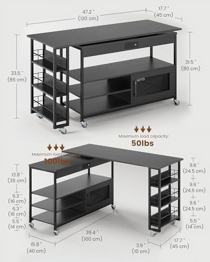 SEDETA 360° Free Rotating Sofa Side Table, Swivel Side Couch Desk with 3-Tier Storage Shelves, Movable Laptop Table with LED Lights & Power Outlets, End Snack Tables for Living Room, Black