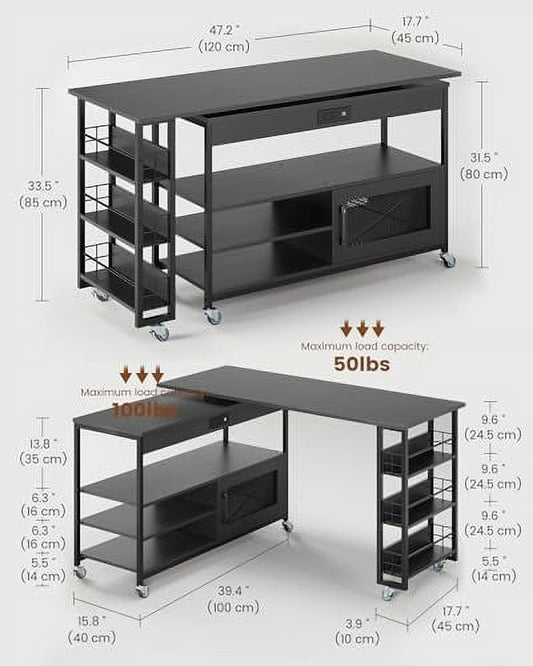 SEDETA 360° Free Rotating Sofa Side Table, Swivel Side Couch Desk with 3-Tier Storage Shelves, Movable Laptop Table with LED Lights & Power Outlets, End Snack Tables for Living Room, Black