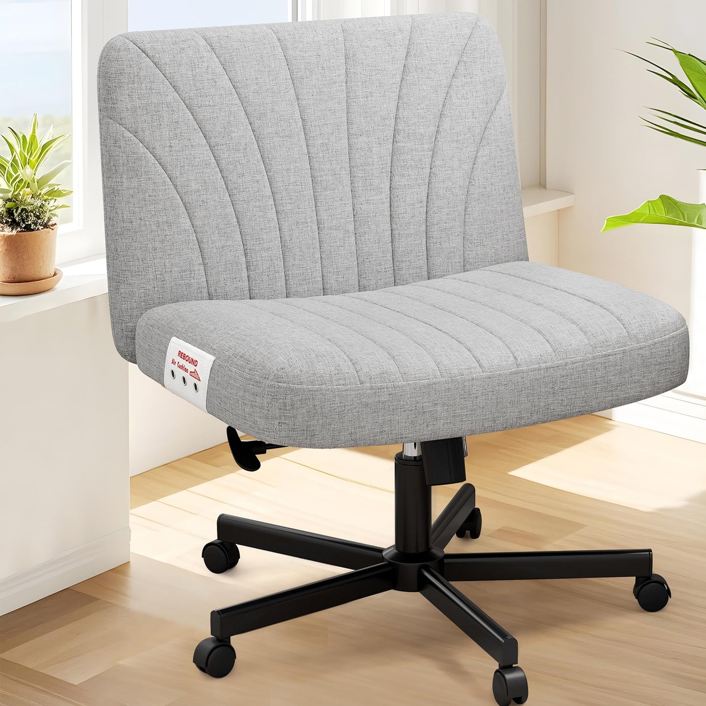 SESSLIFE Armless Office Chair with Rebound Air Cushion, Wide Seat Task Chair with Adjustable Back, Ergonomic Fabric Linen Desk Chair, Vanity Chair with Wheels, Computer Chair for Home Office, Gray