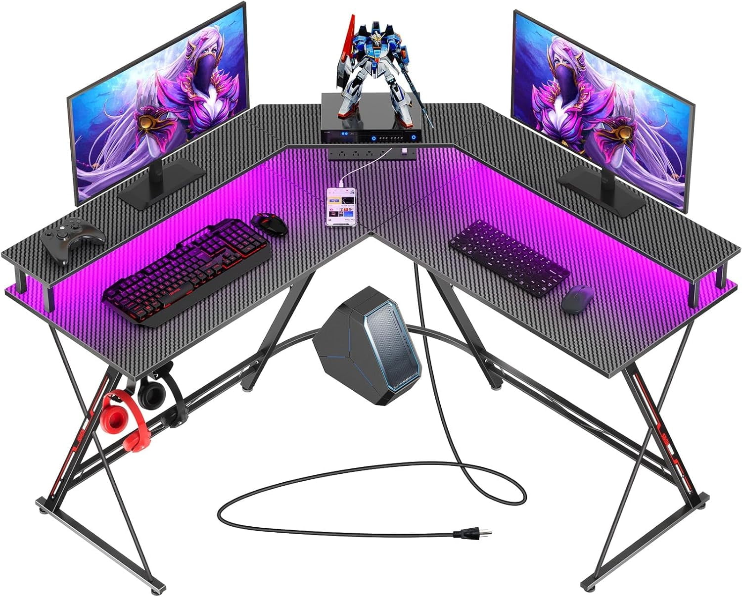 SEVEN WARRIOR L Shaped Gaming Desk with LED Lights & Power Outlets, 50.4” Computer Desk with Monitor Stand & Carbon Fiber Surface, Corner Desk with Cup Holder, Gaming Table with Hooks, Black