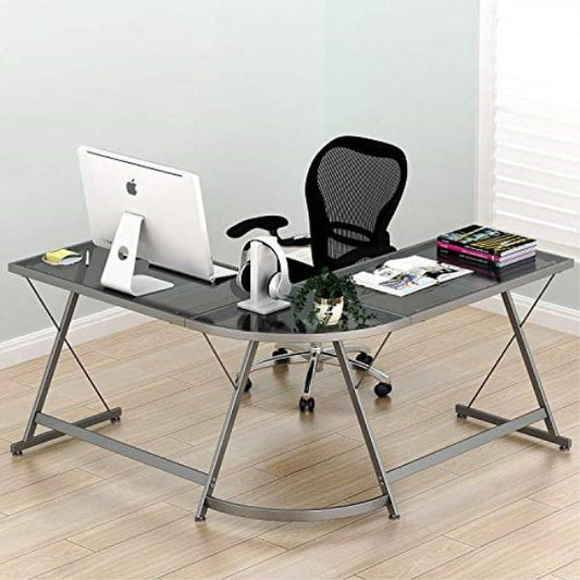 SHW Gaming Desk Computer L-Shape Corner Studio Table, Black, Glass Top