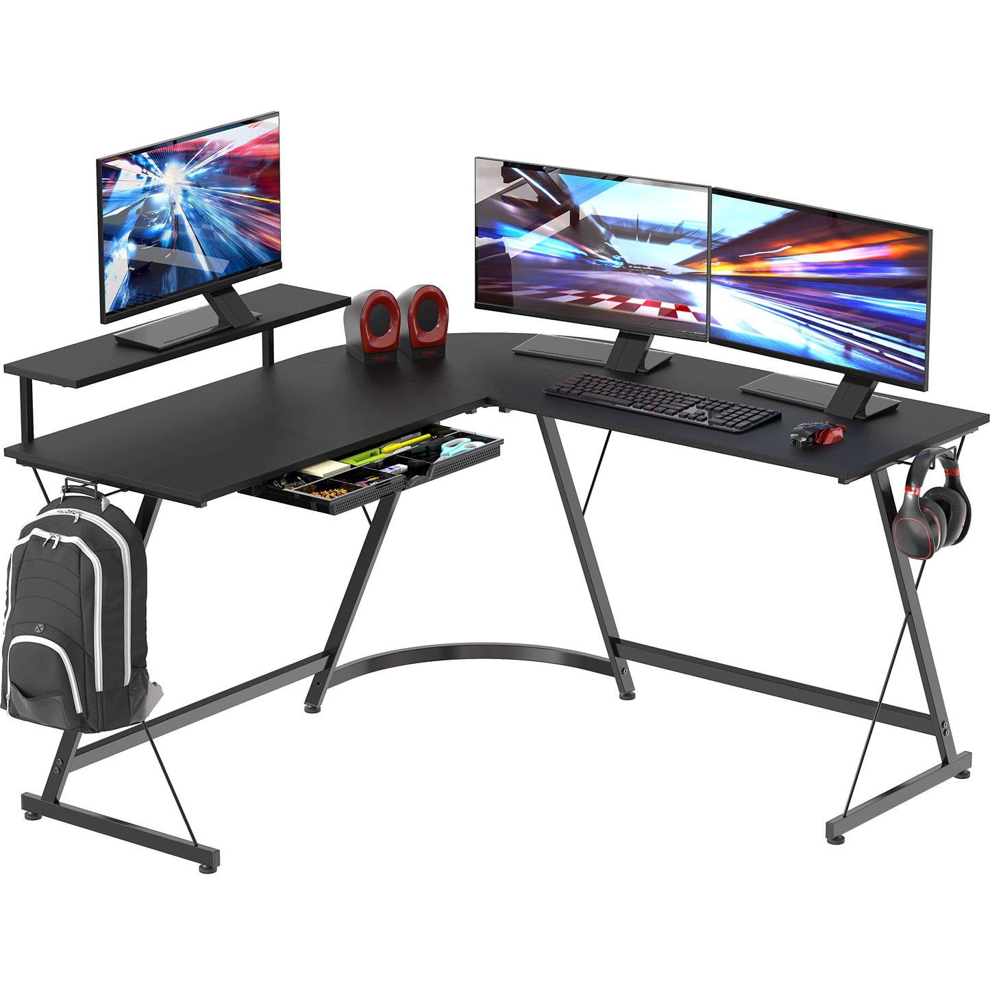 SHW Gaming 51" L-Shaped Desk with Monitor Stand, Cherry