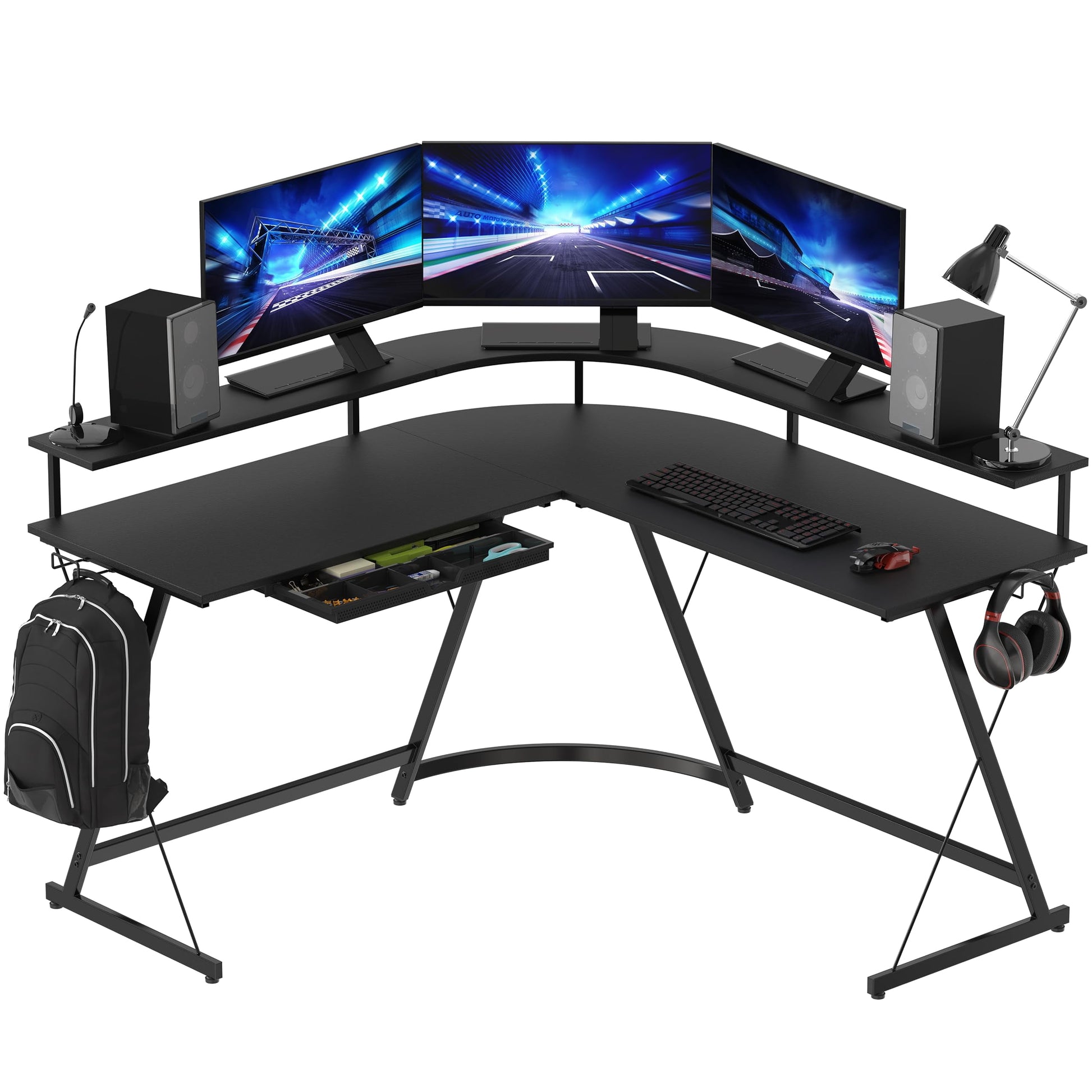 SHW L-Shaped Gaming Desk with Full Around Monitor Stand and Drawer, Black