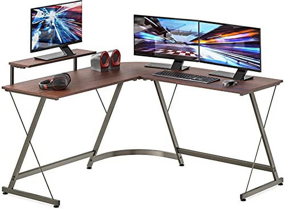 SHW Gaming 51" L-Shaped Desk with Monitor Stand, Cherry