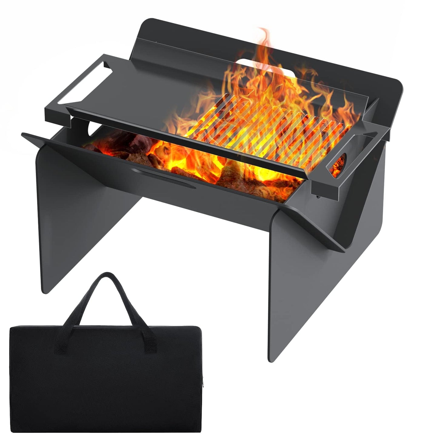 SKOK 18in BBQ Fire Pit for Outside 2 in 1 Portable Camping Fire Pit  with Detachable Tray Wood Burning Charcoal Grill with Carry Bag