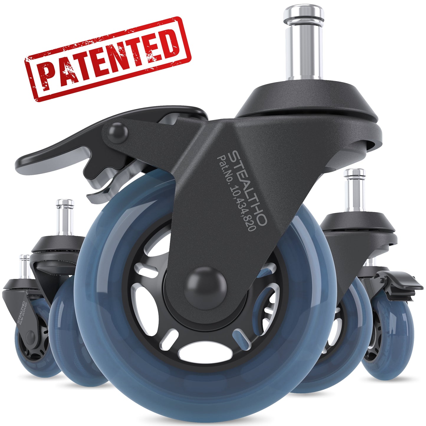 STEALTHO Locking Chair Wheels Replacement Set of 5 - Navy Soft Polyurethane Casters, 2 Brakes