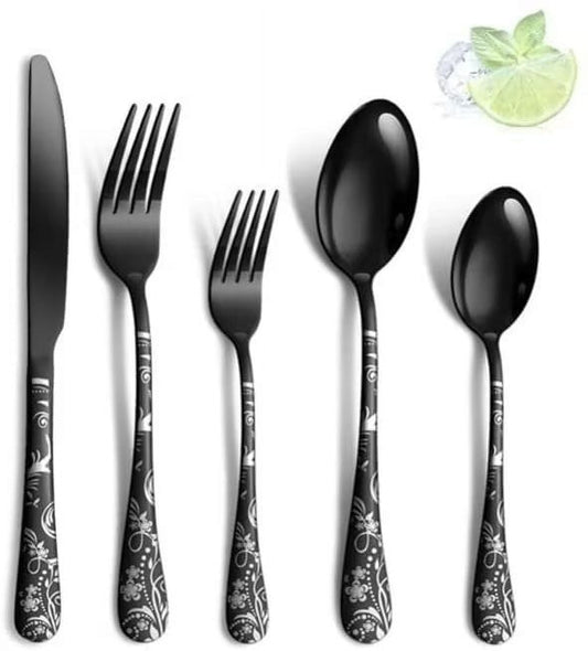 STRELECT 20pcs Silverware Set for 4, Stainless Steel Flatware Cutlery Set Include Fork/Knife/Spoon, Mirror Polished, Dishwasher Safe, Black