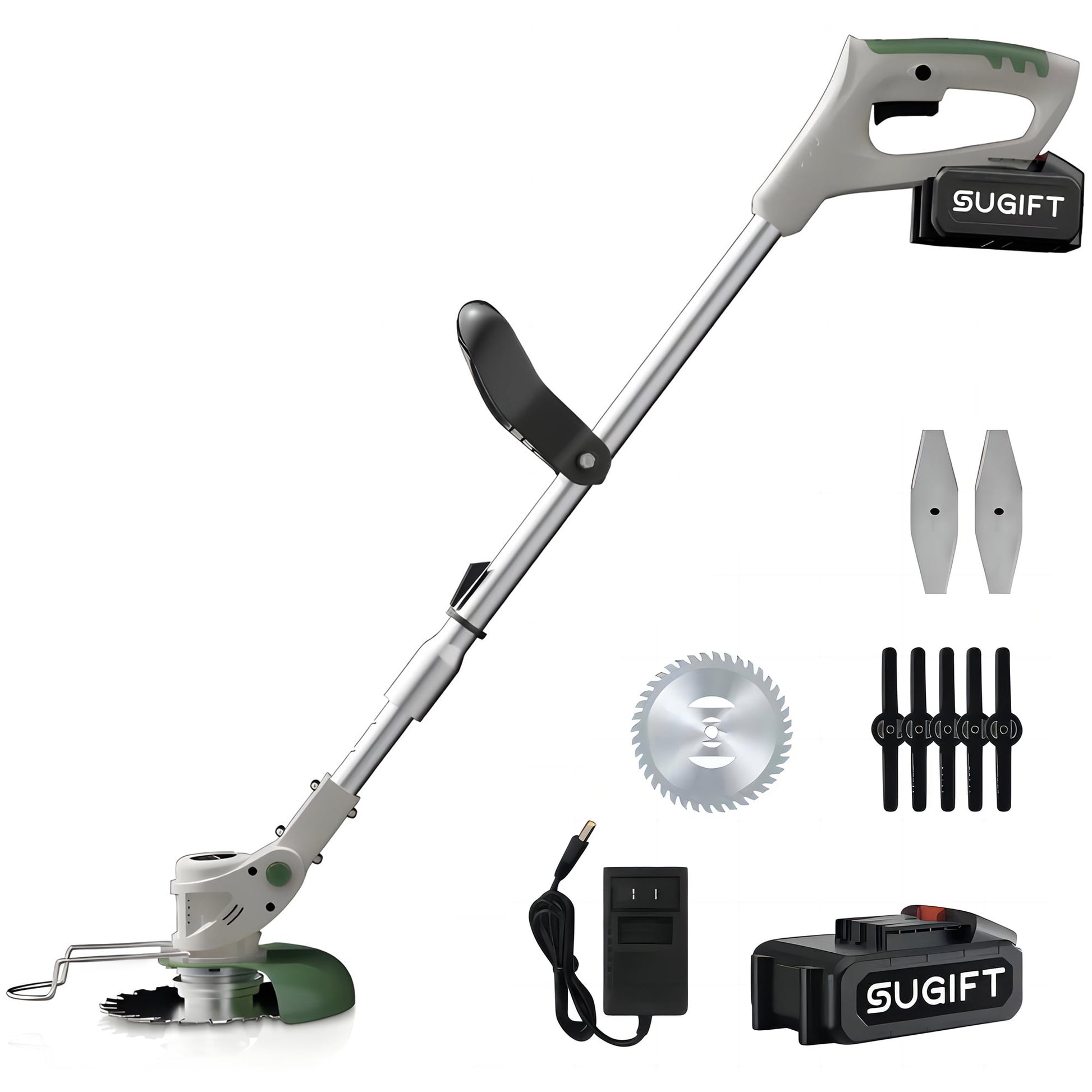 SUGIFT 21V Cordless String Trimmer & Edger with 1.5 Ah Battery and Charger, Gray