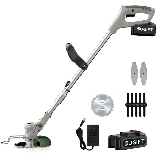 SUGIFT 21V Cordless String Trimmer & Edger with 1.5 Ah Battery and Charger, Gray