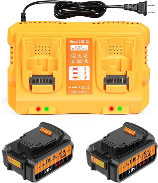 SUNBAT 2Packs 20v Battery Replacement for Dewalt 20V Max Battery 6000mAh with 2-Port Charger DCB102