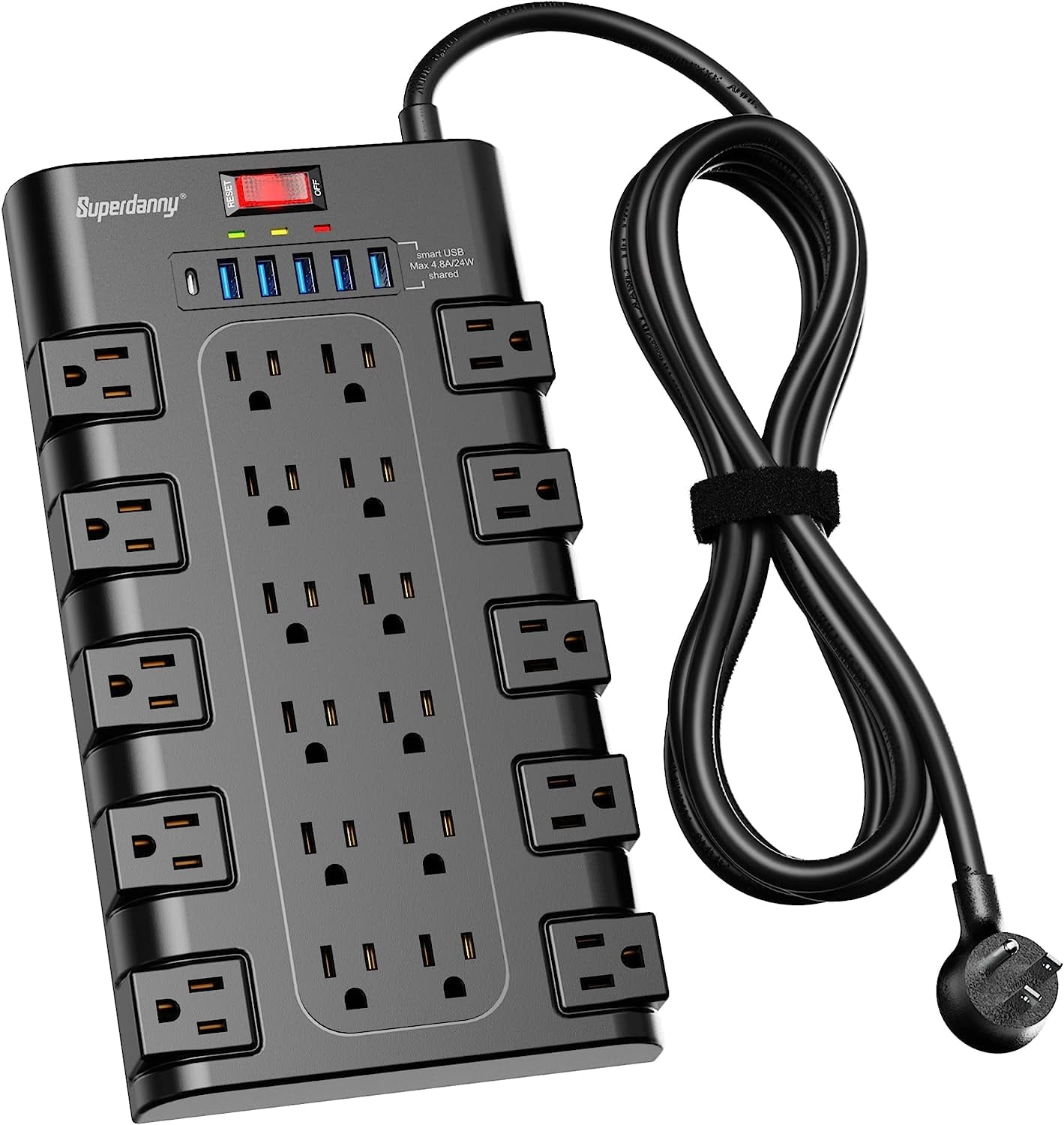 SUPERDANNY Surge Protector Power Strip 22 AC Outlets USB-C 6 USB Ports 6.5Ft Flat Plug Black