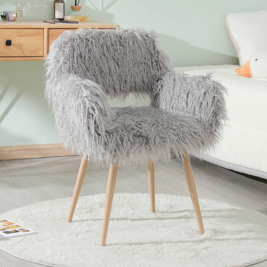 SYNGAR Gray Faux Fur Upholstered Chair for Bedroom, Cute Desk Chair with Backrest and Armrest, Elegant Makeup Vanity Chair with Wood Style Metal Leg for Living Room, Easy Assemble