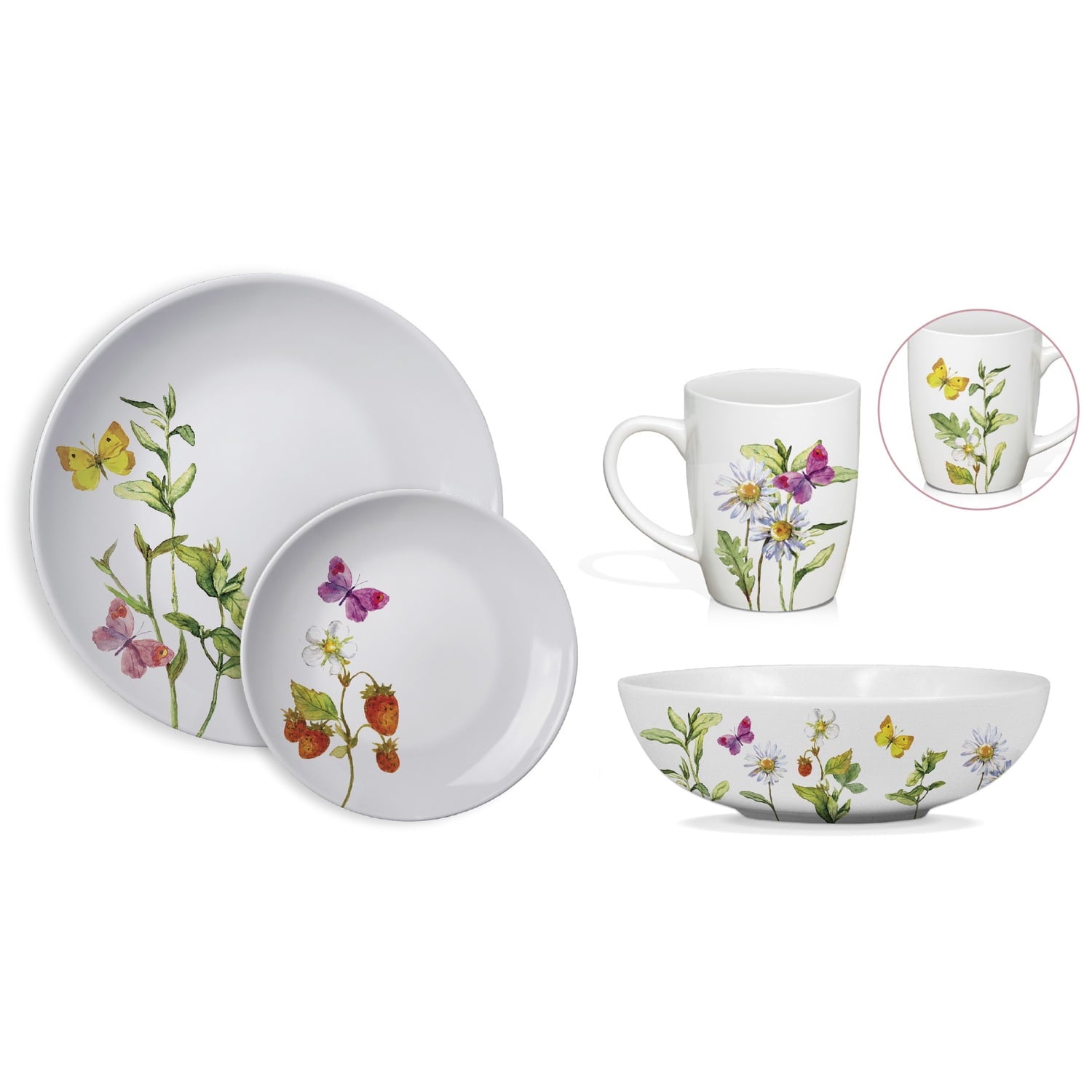 Safdie & Co. 16-Piece Dinnerware Set, White, Botanical Butterflies