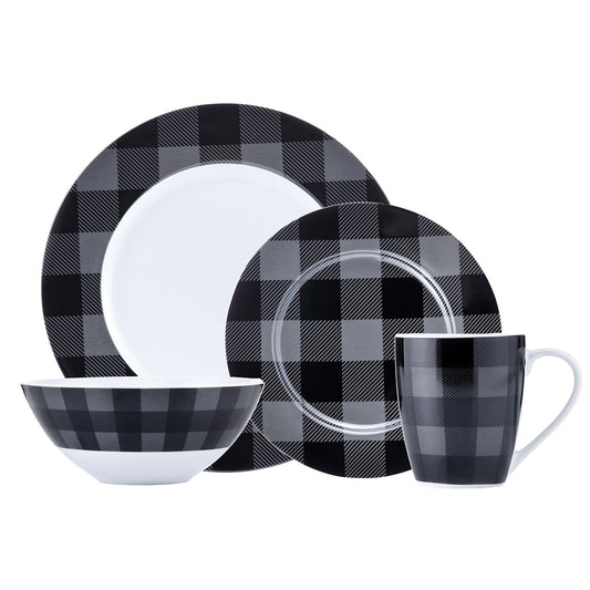 Safdie & Co. Porcelain Dinnerset 16 Piece Buffalo Plaid Grey/Black