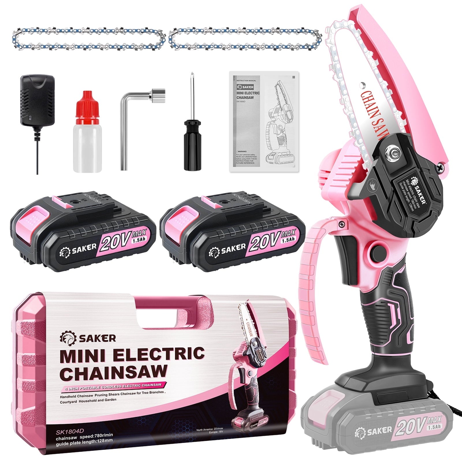 Saker 4 Inch Mini Chainsaw, Pink Cordless Chainsaw, Electric Chainsaw for Tree Branches, Courtyard, Household & Garden(2PCS 1500mAh Batteries & 3 PCS Chains)