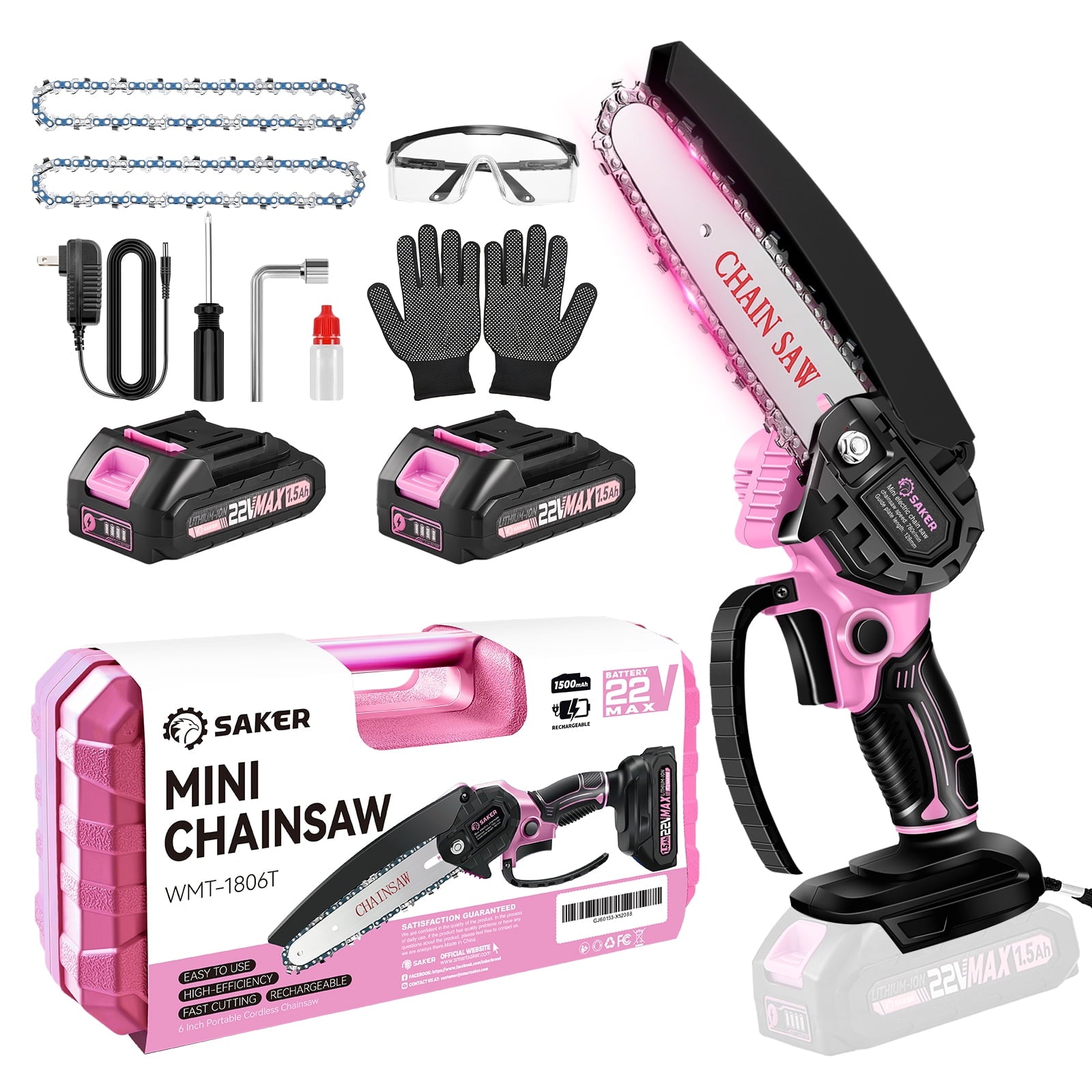 Saker Mini Chainsaw, 6inch Electric Chainsaw, Small Handheld Chain Saw ,By 2PCS 22V 1500mAh Batteries Operated, 2 PCS Chains (Pink)