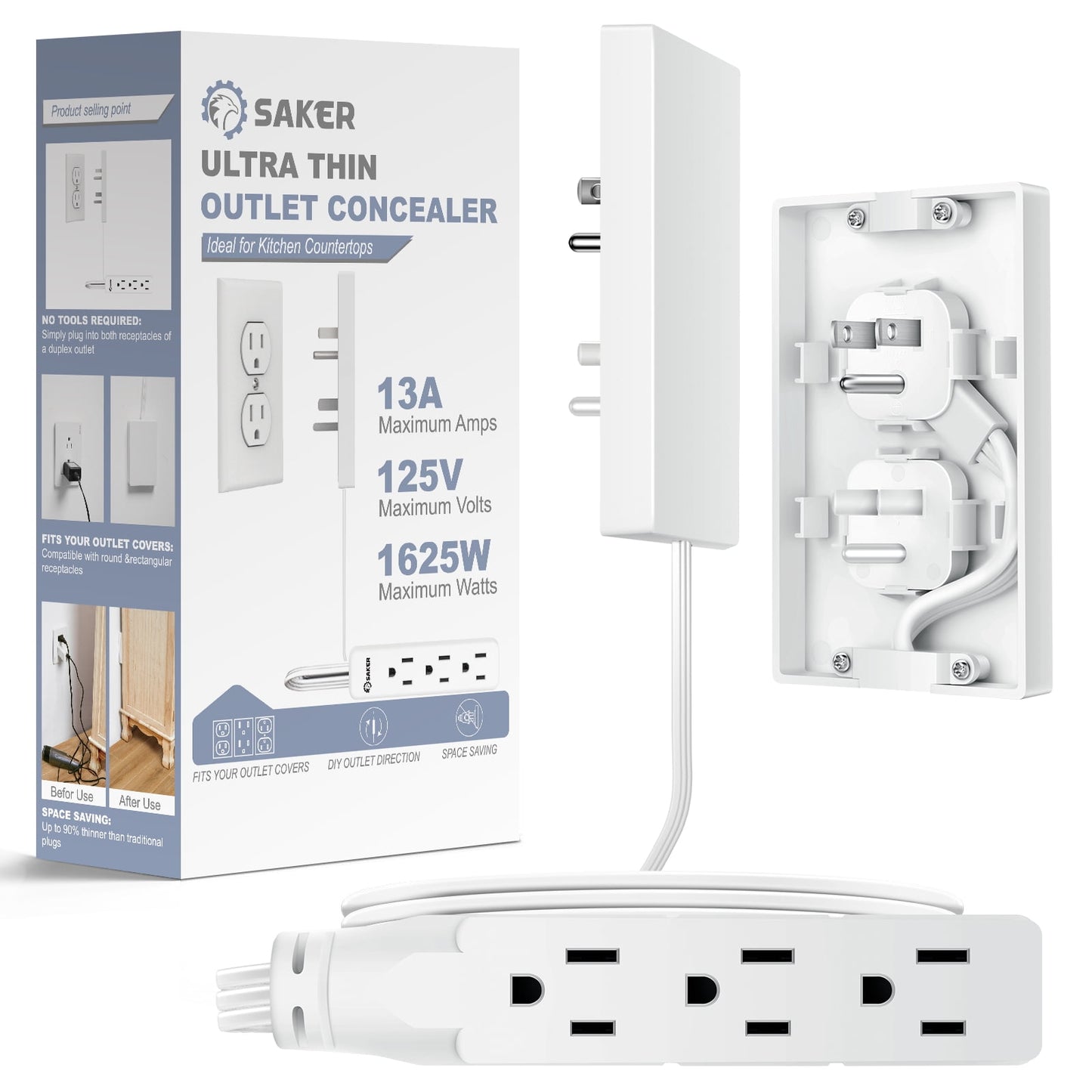 Saker Ultra-Thin Outlet Concealer with 3AC Outlets-5ft Flat Plug Extension Cord,Universal Size,1625W for Kitchen, Home and Office,Child & Pet Safe(Single 5 Foot)