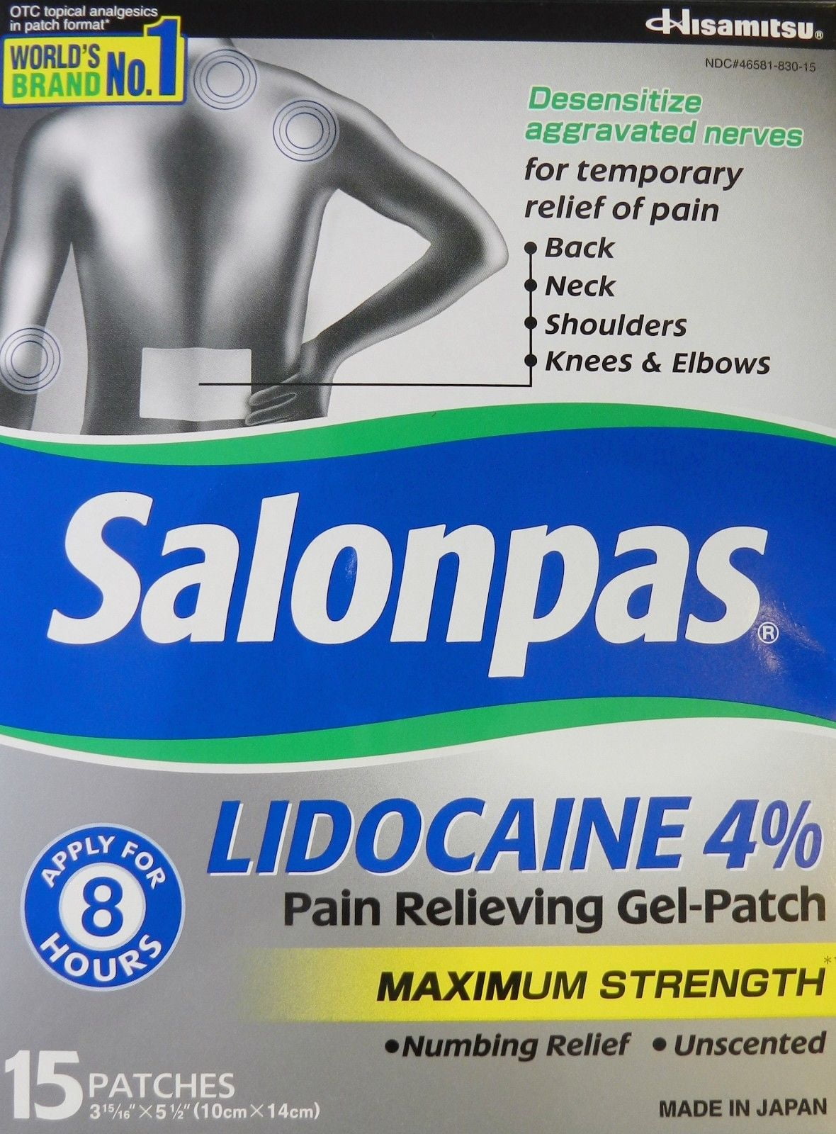 Salonpas 15 Patches Lidocaine 4% Maximum Strength Pain Relieving Gel Patch