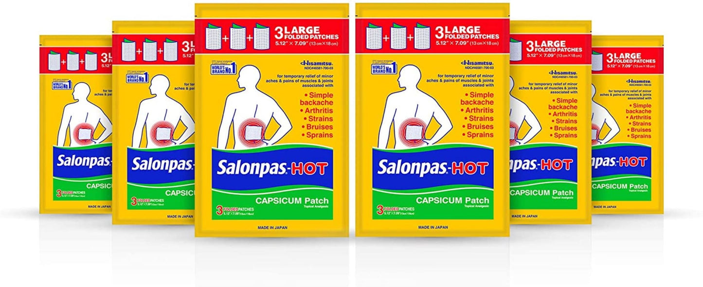 Salonpas -Hot Capsicum Patch, 3 Patches (Pack of 6), Uses all natural capsaicin, the primary compound in hot peppers and clinically proven to reduce the sensation of.., By Visit the Salonpas Store