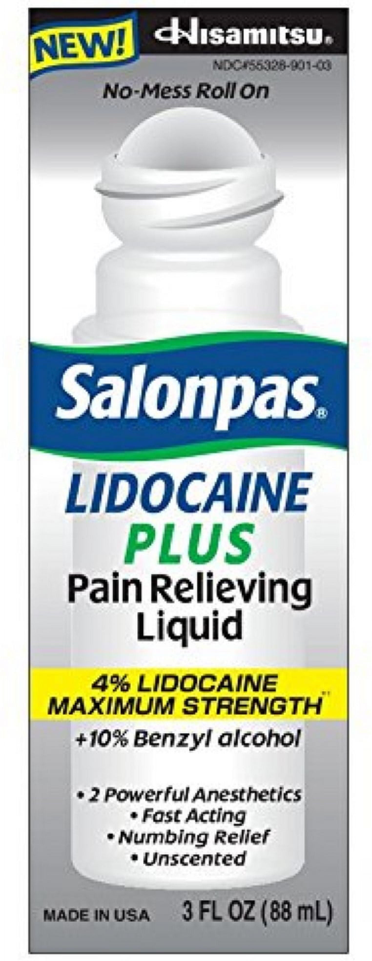 Salonpas LIDOCAINE PLUS Pain Relieving Liquid 4% Lidocaine Maximum Strength 3 oz (Pack of 2)