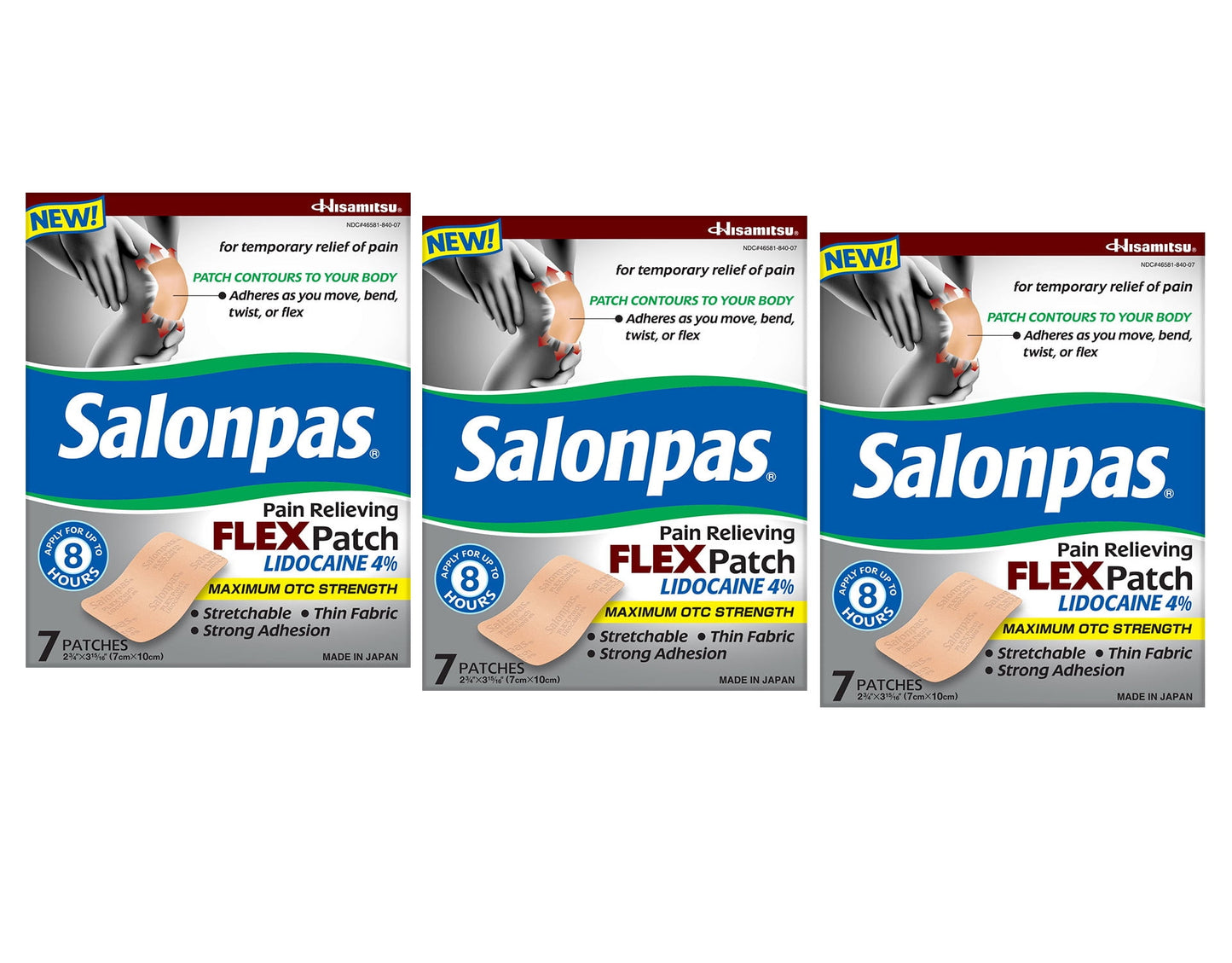 Salonpas Pain Relieving Flex Patch Lidocaine 4%, 7 Count - Pack of 3