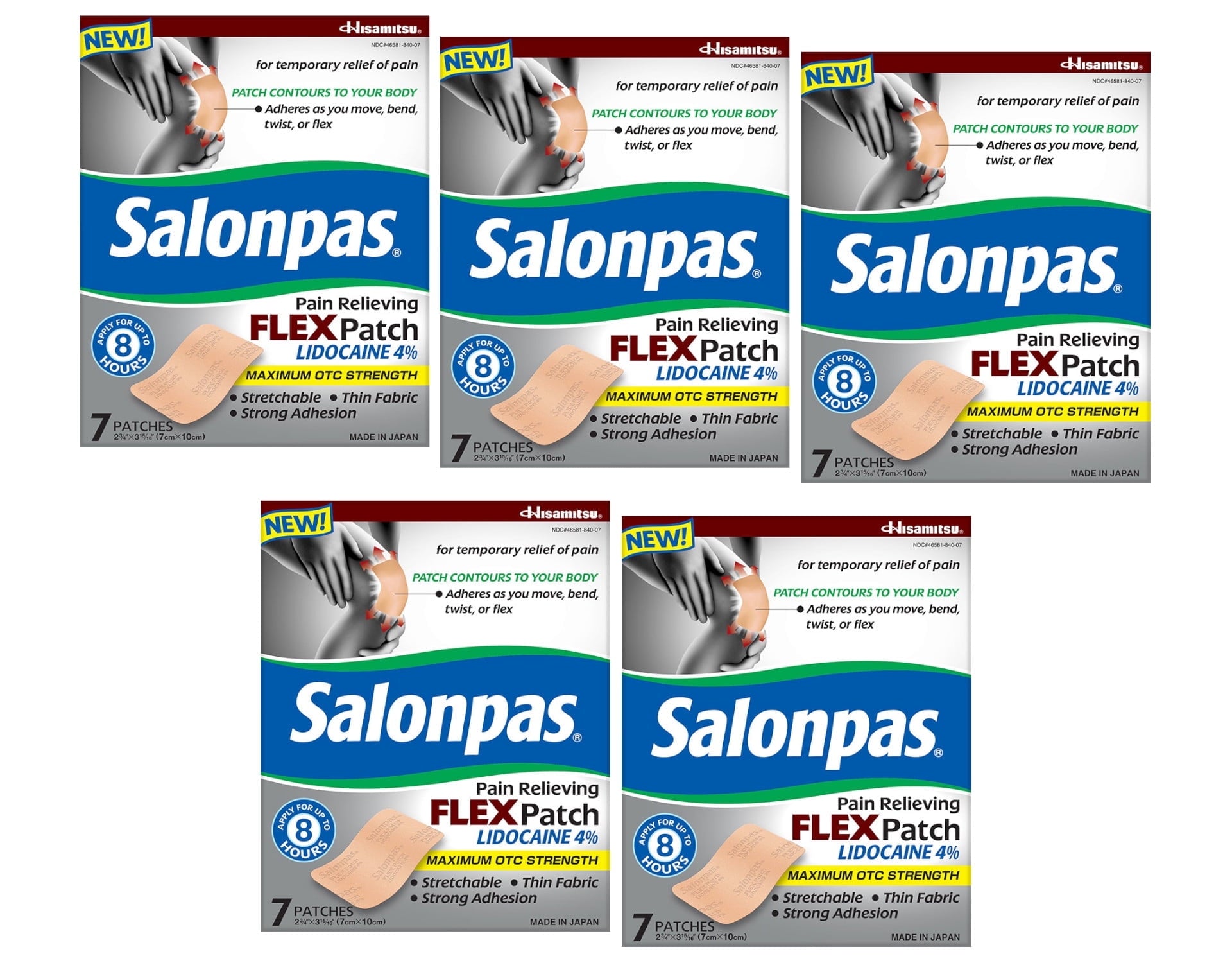 Salonpas Pain Relieving Flex Patch Lidocaine 4%, 7 Count - Pack of 5