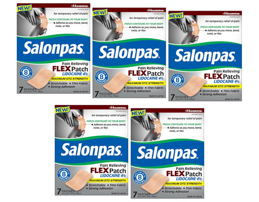 Salonpas Pain Relieving Flex Patch Lidocaine 4%, 7 Count - Pack of 5