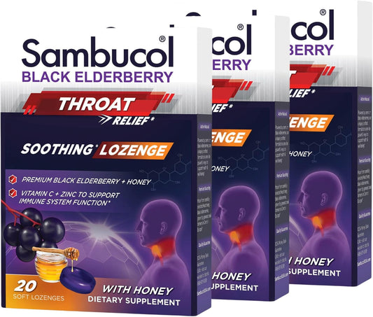 Sambucol Black Elderberry Throat Lozenge - With Honey, Vitamin C & Zinc, Elderberry Lozenges Sore Throat & Cough, Soothes Scratchy Throat, Supports Immunity, Soft & Chewy - 3-Pack