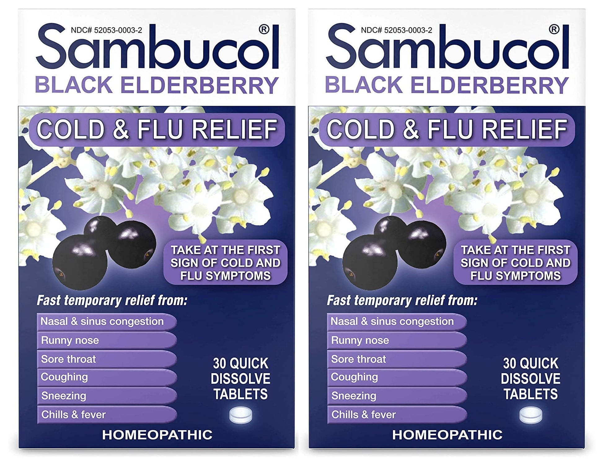 Sambucol Cold & Flu Relief Quick Dissolve Tablets, Black Elderberry 30 ea (Pack of 2)