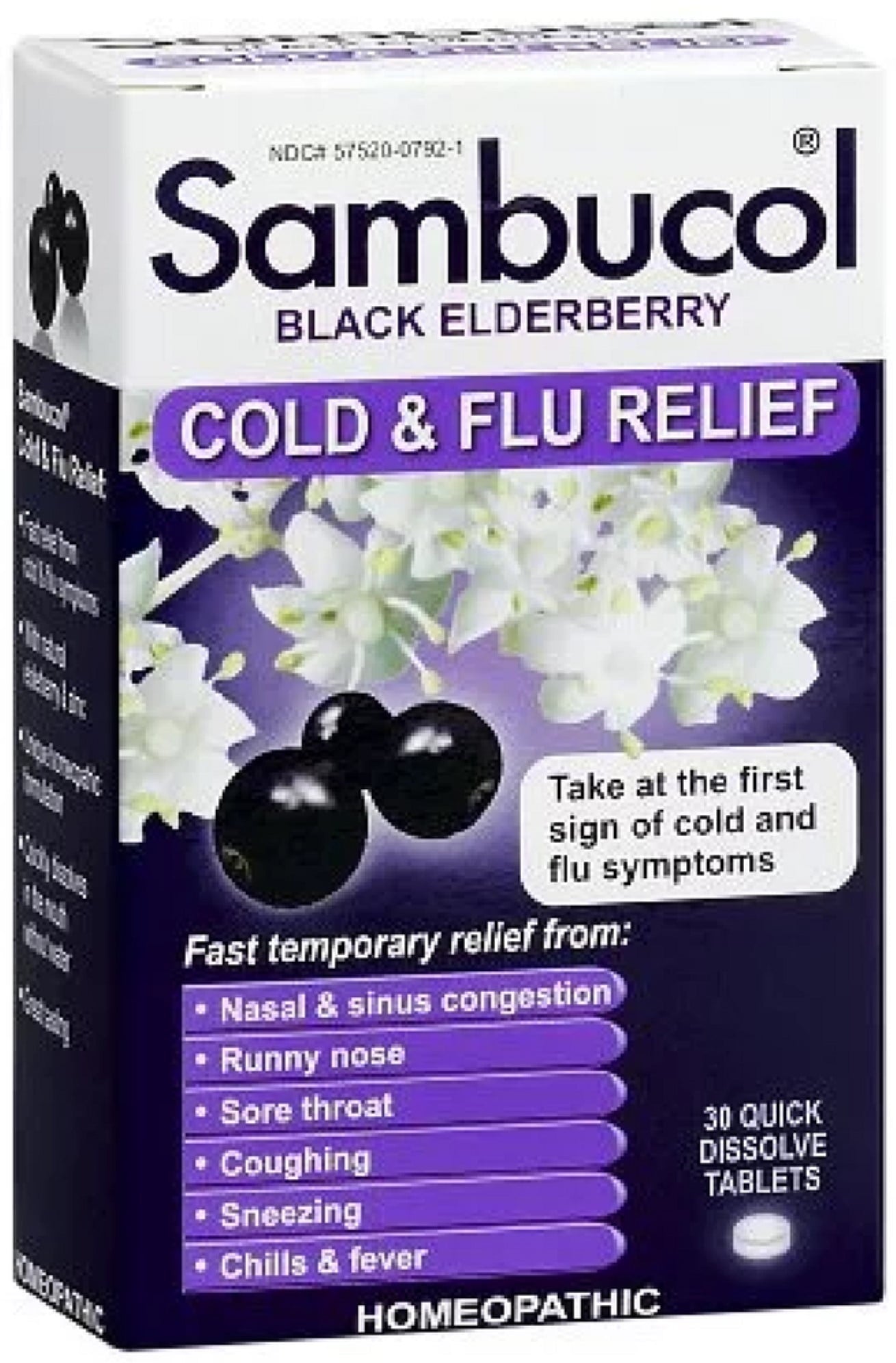 Sambucol Cold & Flu Relief Quick Dissolve Tablets, Black Elderberry 30 ea (Pack of 4)