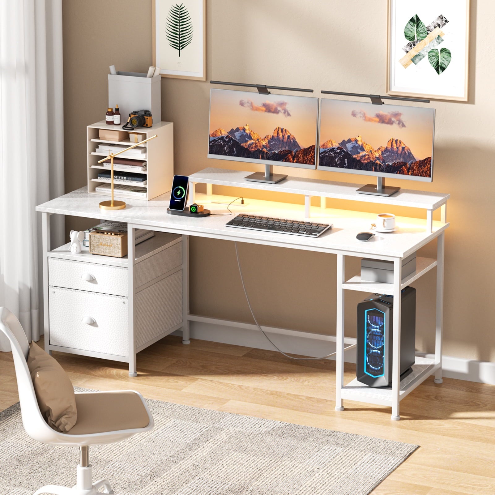 Satifur Desk with Power Outlet,Gaming Desk with LED Lights Fabric File Cabinet Gaming Desk with Outlets, Dual Monitor Stand, Adjustable Shelves, 61in, White