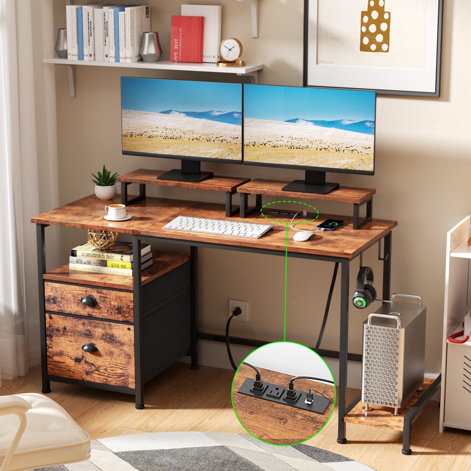 Satifur Office Desk with Drawers and Charging Station, Gaming Desk with Movable Monitor Stands, Corner Desk with Storage Shelves and File Cabinet, 47" Rustic Brown