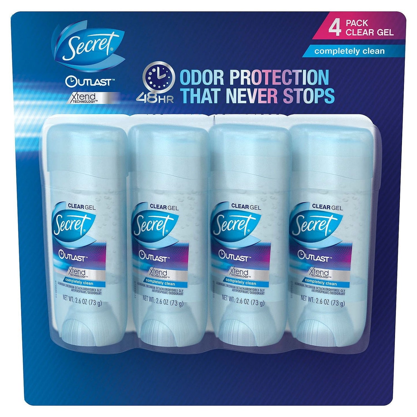 Secret Outlast Clear Gel Deodorant, Completely Clean (2.6 oz., 4 pk.)