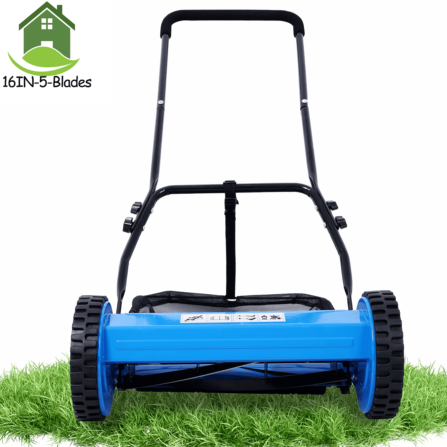 Push Reel Mower, Seizeen 16-Inch Walk-Behind Lawn Mower with Grass Catcher, Manual Lawn Mower for Garden Adjustable Cutting Height, Blue