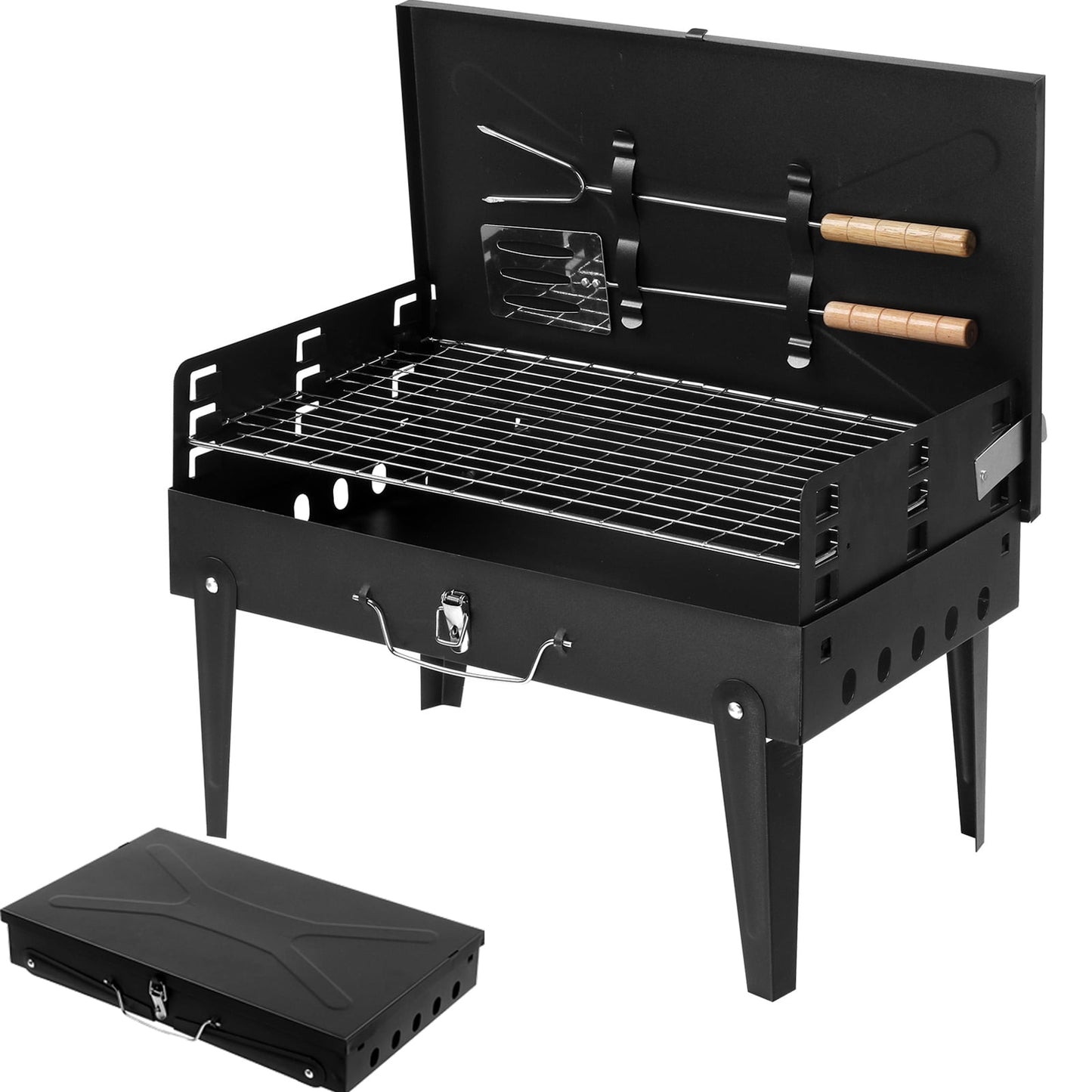 Portable Grill for Camping, BBQ Grill Tabletop Use, 17.32'' Charcoal Grill with Lid, Grilling Mesh, Spit, Spatula, 4 Folding Legs Design