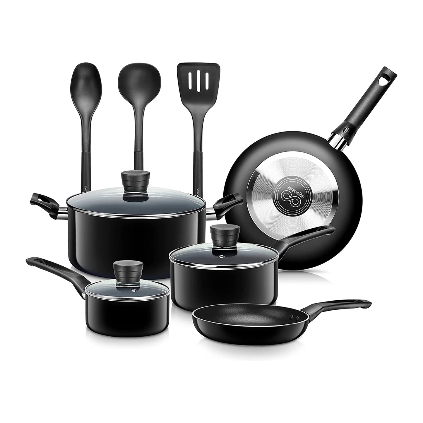 SereneLife 11 Piece Non Stick Pots, Pans, and Utensil Cookware Set, Black