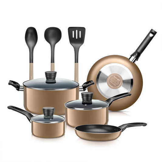 SereneLife 11 Piece Pots and Pans Non Stick Kitchenware Cookware Set, Gold