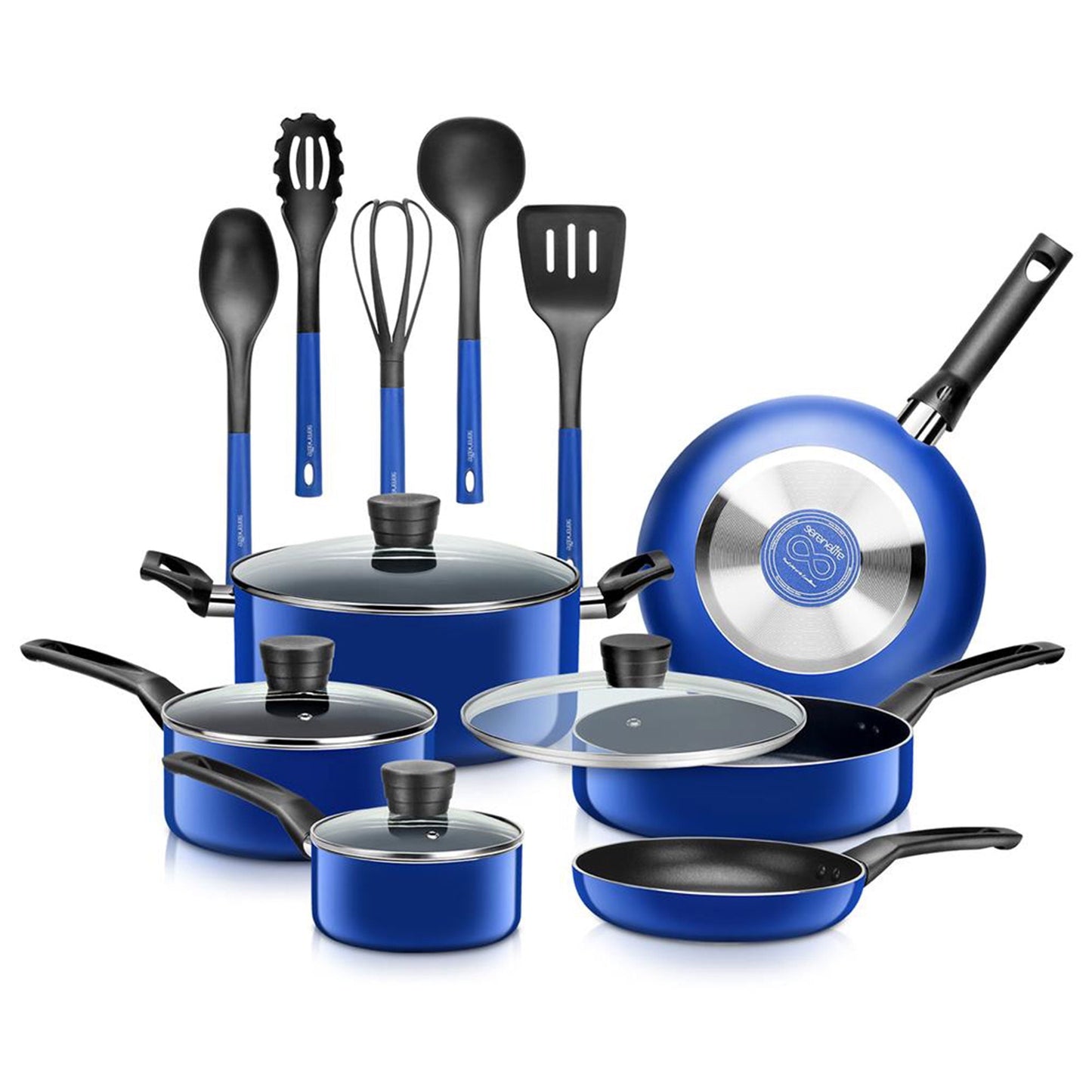 SereneLife 15 Piece Pots and Pans Non Stick Kitchenware Cookware Set, Blue