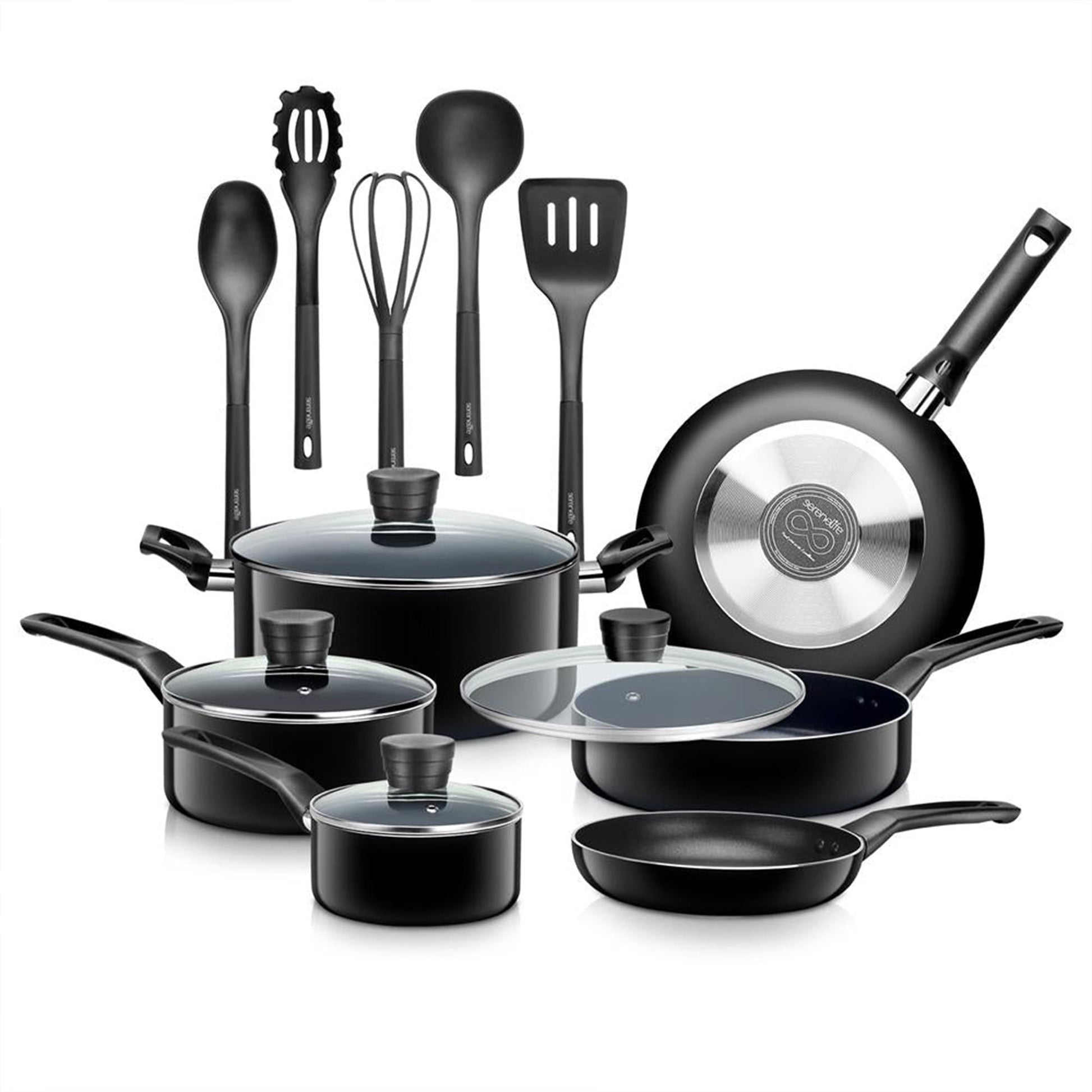 SereneLife 15 Piece Pots and Pans Non Stick Kitchenware Cookware Set, Black