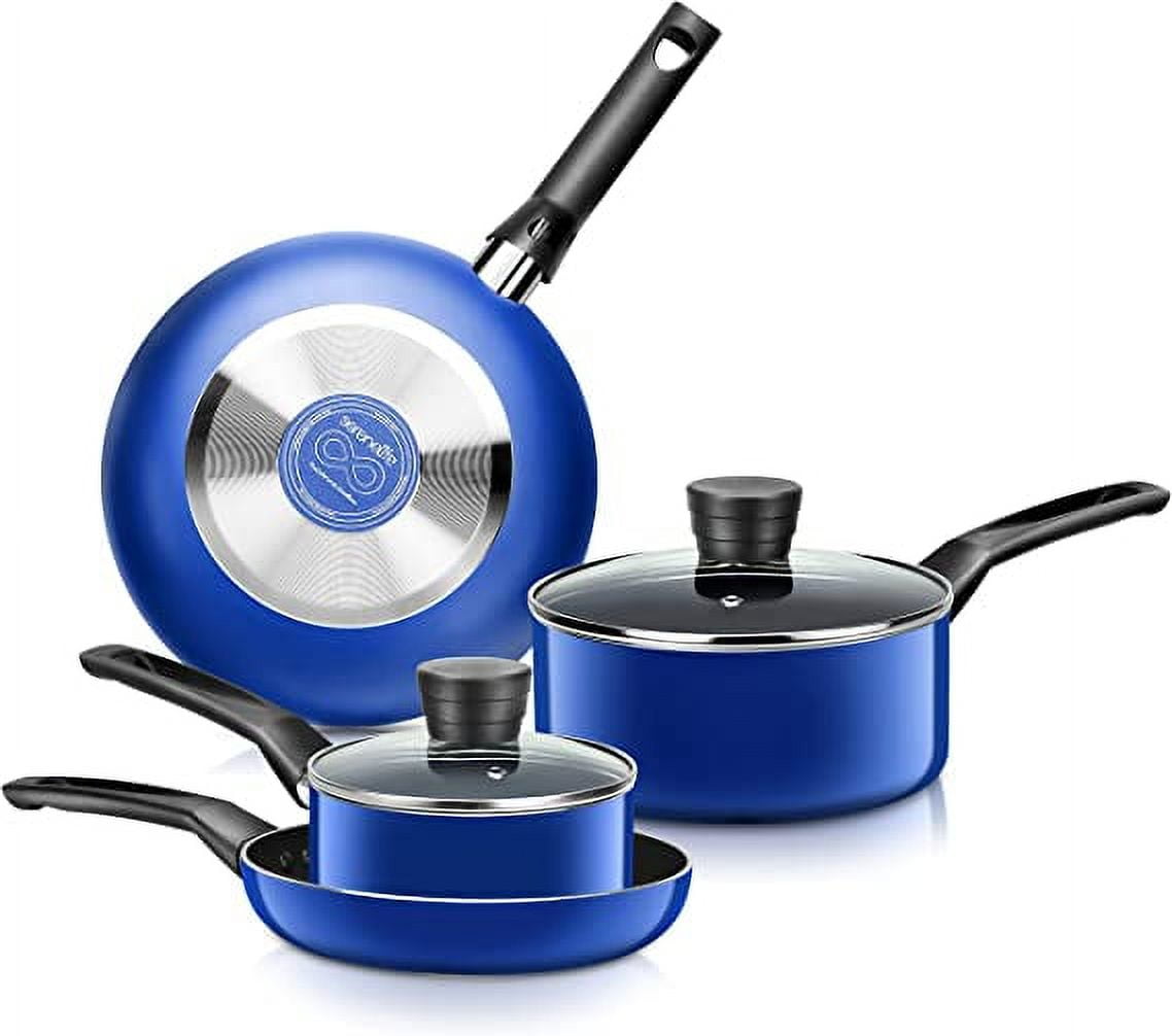 SereneLife 6-Piece Set Black Non-Stick Coating Inside Pots & Pans Basic Kitchen Cookware, Blue